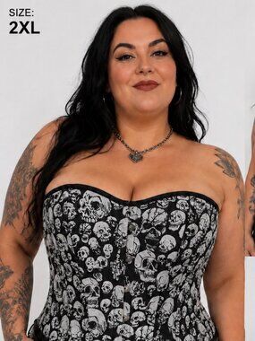 CORSET BUSTIER Black Grey Skull Print Strapless Boned Flattering Festival Gothic